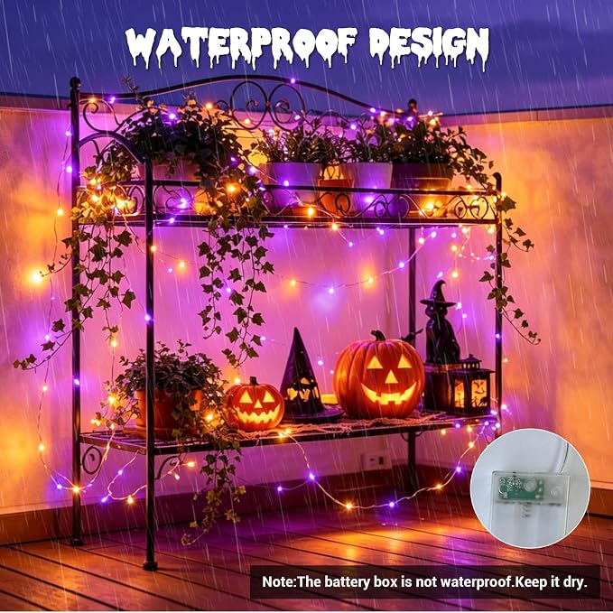 YEGUO Fairy Lights Battery Operated, 4 Packs Each 16ft 50 LED String Lights, 2 Modes Silver Wire Christmas Twinkle Light Indoor for Halloween Bedroom Wedding Party Holiday Gift(Orange and Purple)