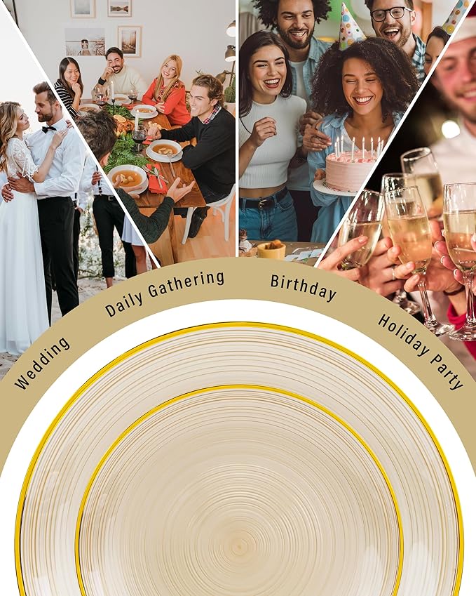 Morejoy 350PCS Clear Brown Plastic Plates - Disposable Gold Party Plates & Pre Rolled Napkins with Cutlery for 50 Guests, 100Plates, 150Silverware, 50Cups, 50Napkin for Party & Christmas
