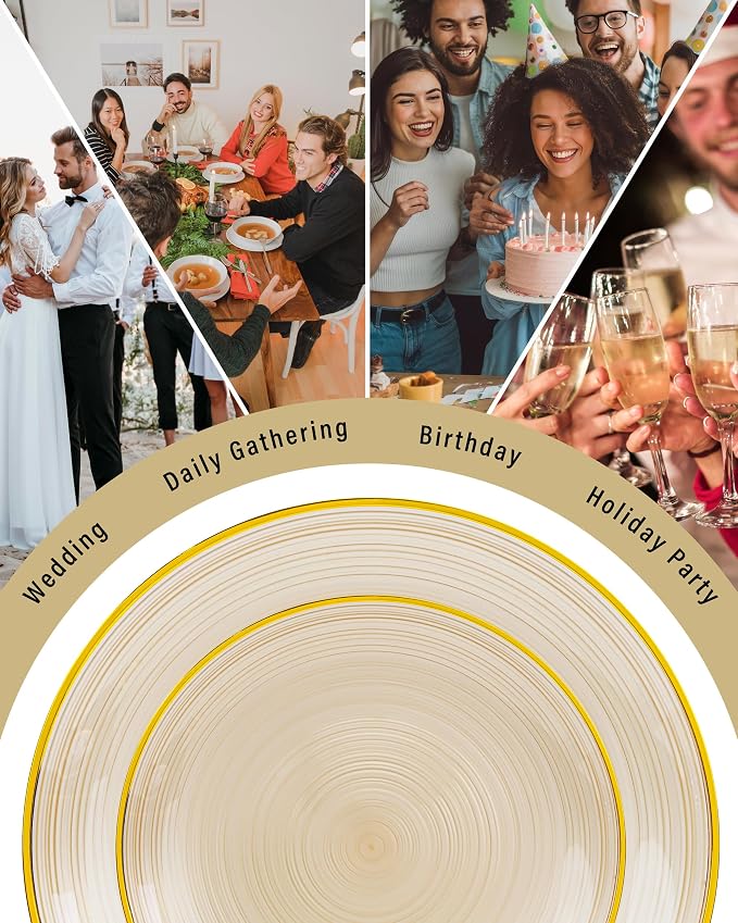 Morejoy 175PCS Clear Brown Plastic Plates - Disposable Gold Party Plates & Pre Rolled Napkins with Cutlery for 25 Guests, 50Plates, 75Silverware, 25Cups, 25Napkin for Wedding & Party