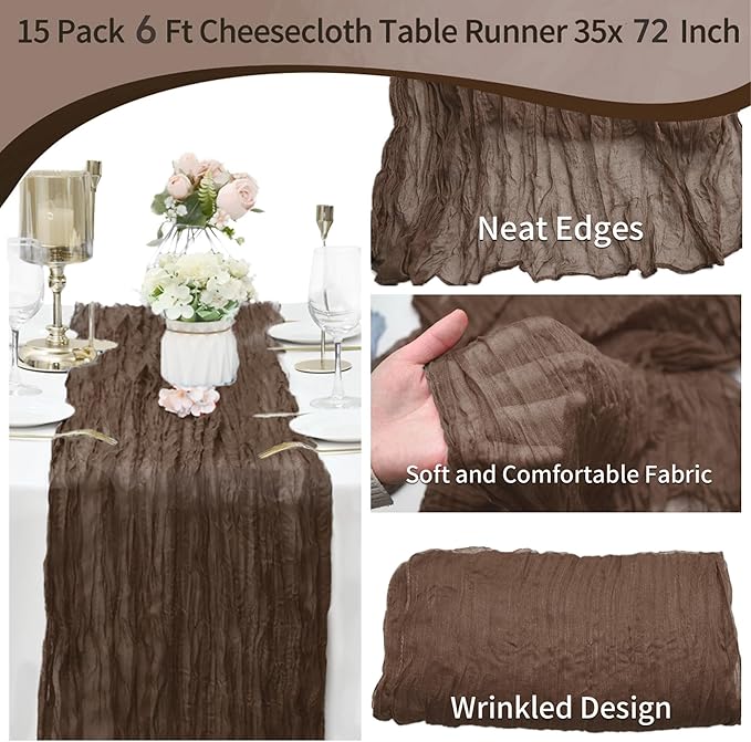 15 Pack Cheesecloth Table Runner 6FT Gauze Cheese Cloth Table Runner 35 x 72 Inch Boho Table Runners Romantic Table Cover for Wedding Birthday Party Engagement Bridal Baby Shower Holiday Décor(Brown)
