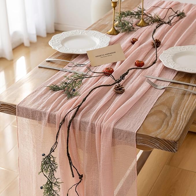Keketoarrange Pink Mothers Day Cheesecloth Table Runner Spring Boho Rustic Gauze 120 inch 10FT Cheese Cloth Runner for Wedding Baby Shower Bridal Birthday Tea Party Summer Home Decorations