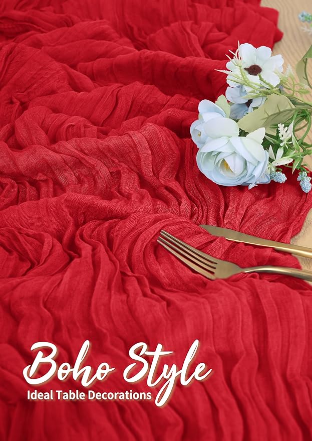 10 Pack Cheesecloth Table Runner Red, Rustic Boho Gauze Fabric Table Runner Romantic Table Runner for Wedding, Festival, Birthday, Anniversary, Dinner and Outdoor Events (17.7 x 108 inch)