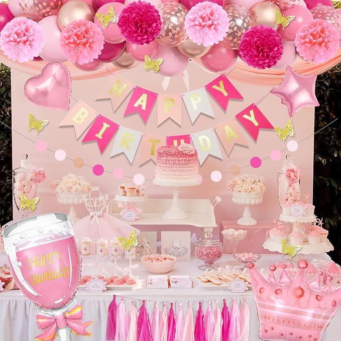 Pink Birthday Party Decorations for Women Girls, Foil Confetti Rose Gold Hot Pink Balloons Happy Birthday Banner Fringe Curtains Butterfly Decor Circle Dots Tassels Pompoms Mothers Day Party Supplies