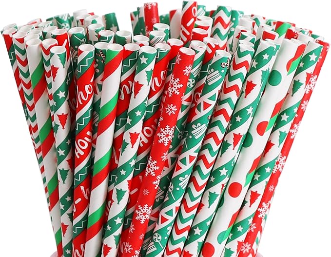 BEISHIDA 100 Pcs Christmas Paper Straws, Biodegradable Christmas Party Straws for Drinking, Thanksgiving, New Year and DIY Decorations