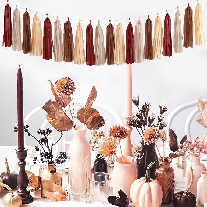 Boho Baby-Shower Burgundy-Brown Champagne Party-Decorations - 28pcs Neutral Birthday Rustic Wedding Bridal Tissue Pom Poms Streamers, Fall Autumn Tassel Garland Banner, Engagement Decor Ouruola
