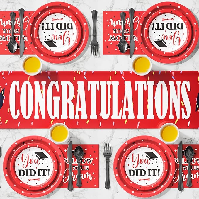 Ecomore Graduation Decoration Class of 2026, 350PCS Graduation Party Supplies Disposable Dinnerware(Serve 50) with Paper Plates Cup Napkin Fork Knife Spoon College High School Grad Decor (Red & Black)