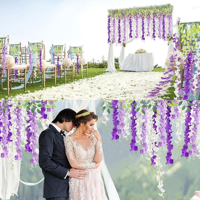 LELEE 25 Pcs Artificial Wisteria Hanging Flowers 3.6ft Purple&Lavender&White Fake Hanging Flowers Garland Silk Flowers Rattan String Faux Wisteria Vine for Wall Wedding Party Arch Greenery Backdrop
