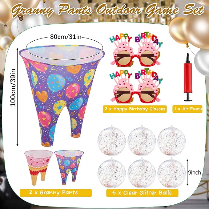 11 Pcs Birthday Granny Pants Set, 2 Giant Inflatable Pants with 1 Pump 6 Bouncy Balls & 2 Birthday Glasses, Outdoor Tossing Party Activity for Adults & Family Gatherings