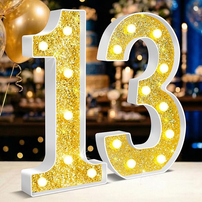 12.6 Inch LED Gold Marquee Light Up Numbers, 13th Birthday Decorations Number Lights as Gifts for Girls Boys, Glitter Lighted Marquee Numbers for Golden Anniversary Party Table Decor, 13