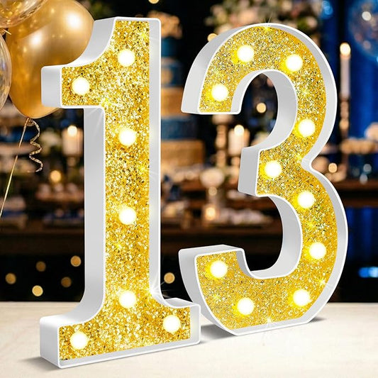 12.6 Inch LED Gold Marquee Light Up Numbers, 13th Birthday Decorations Number Lights as Gifts for Girls Boys, Glitter Lighted Marquee Numbers for Golden Anniversary Party Table Decor, 13