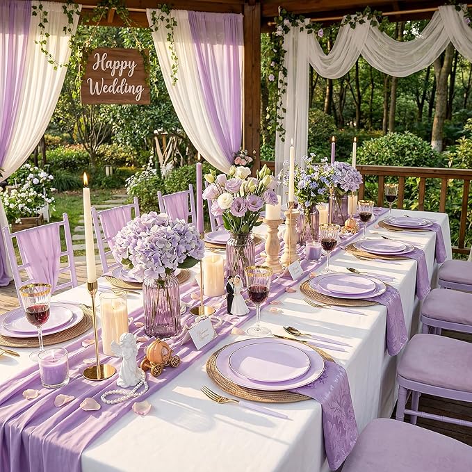 DaYammi 150Pcs Purple Plastic Plates with Gold Rim,Disposable Plastic Plates Include 30 Dinner Plate,30 Salad Plate,30 Forks,30 Spoons,30 Knive,Purple Disposable Platos for Party Wedding Mother's Day