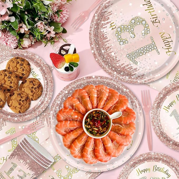 121Pcs 13th Birthday Party Supplies Plates Napkins Cups Forks Tablecloth Rose Gold Happy 13th Birthday Themed Disposable Tableware Decorations Serves 24 Guests for Girls Her 13 Years
