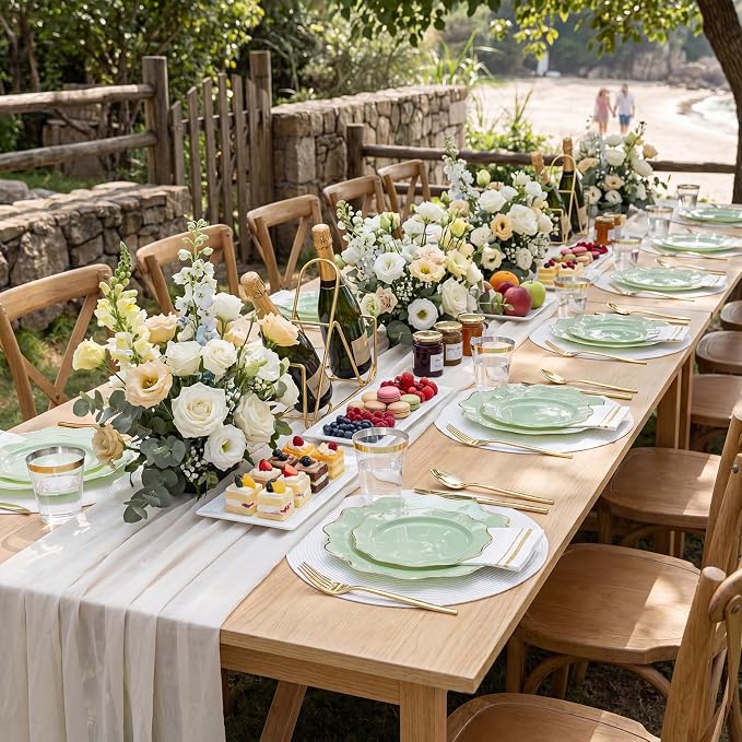 WDF 175Pcs Sage Green Plastic Plates With Gold Rim - Disposable Sage Green Plates 25guest Disposable Dinnerware Ideal for Party/Wedding/Spring Party/First Communion