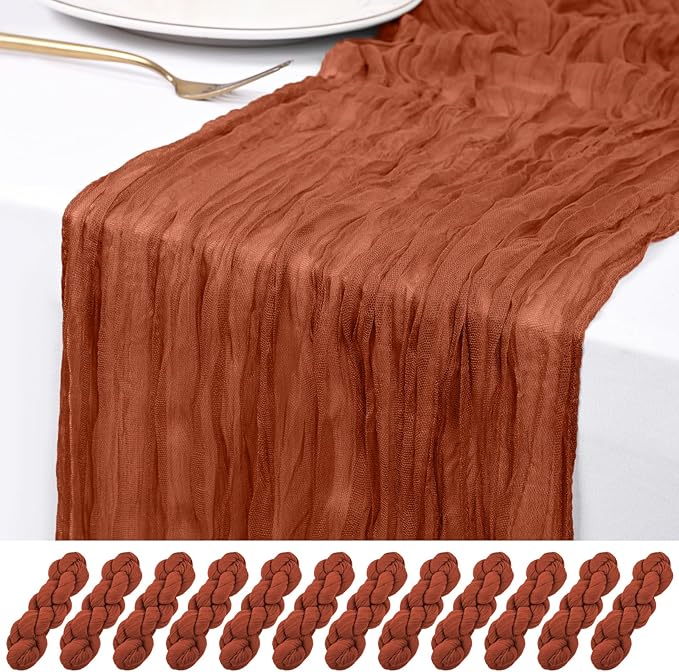 12 Pack Terracotta Cheesecloth Table Runner 120 inch Fall Thanksgiving Boho Rustic Gauze Farmhouse 10FT Cheese Cloth Runner for Baby Shower Wedding Party Holiday Home Decor