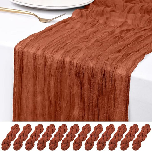 12 Pack Terracotta Cheesecloth Table Runner 120 inch Fall Thanksgiving Boho Rustic Gauze Farmhouse 10FT Cheese Cloth Runner for Baby Shower Wedding Party Holiday Home Decor