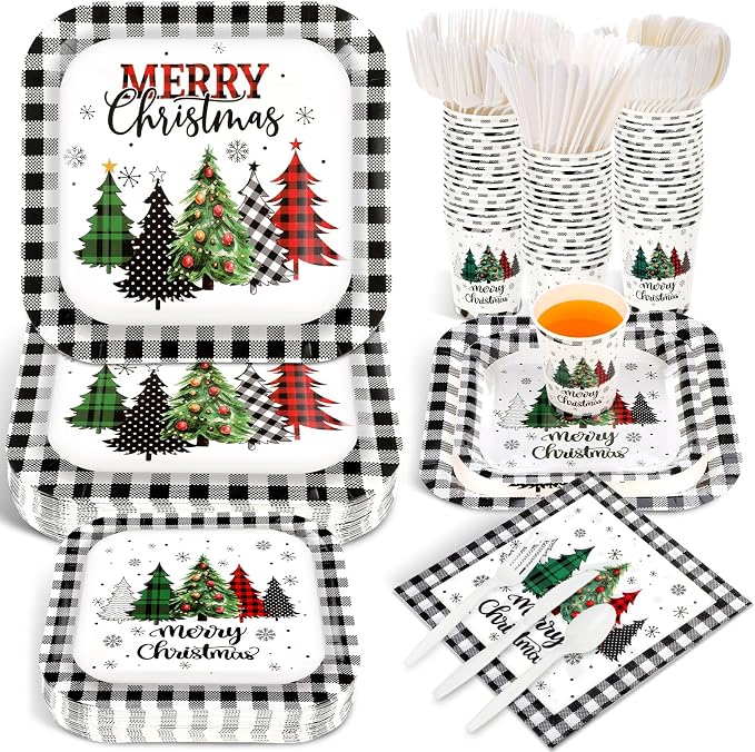 Ziliny 350 Pcs Christmas Party Supplies Christmas Tree Hanging Ball Party Tableware Set Square Paper Plates Disposable Napkins Cups Plastic Cutlery for Xmas Holiday Serves 50 Guests (Xmas Plaid Tree)