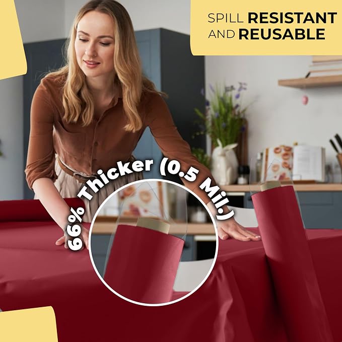 Party Solids 66% Thicker Premium Burgundy Plastic Table Cover Roll 40" X 100' Table Cloth Plastic Cover Roll Quality Thick Banquet Rolls Disposable Tablecloth Rolls Strong American Based Company