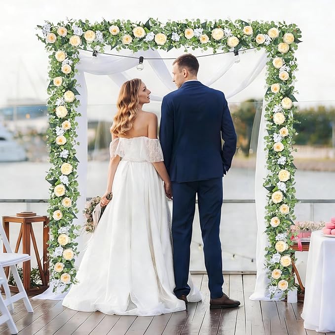 Betylifoy 2 Pack 12Ft Champagne Flower Garland Artificial Eucalyptus Flower Garlands Fake Peony Rose Floral Vines Hanging Hydrangea Flowers Faux Greenery Garland for Wedding Party Table Backdrop Decor