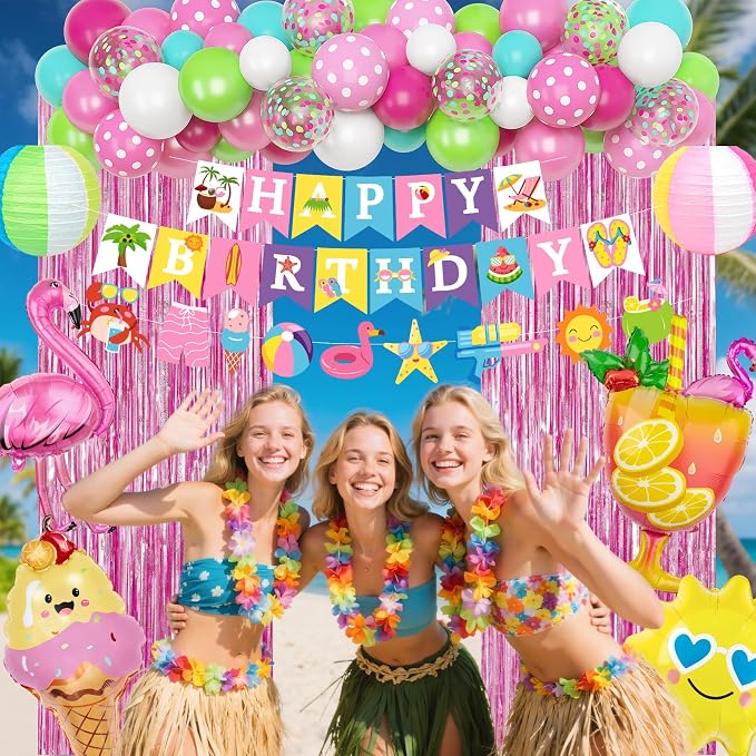 Summer Pool Beach Party Decorations, Splash Birthday Bash Party Supplies Tropical Summer Banner Beach Ball Lantern Fringe Curtain Foil Balloons Arch for Girls Swimming Luau Hawaiian Party Decor(Pink)