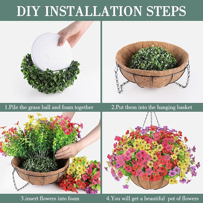 AGIRL 2 Set Artificial Hanging Flowers with Baskets for Outdoors,UV Resistant Fake Hanging Plants for Outdoor Porch Patio Garden, Realistic Silk Flowers for Spring Summer Home Decor