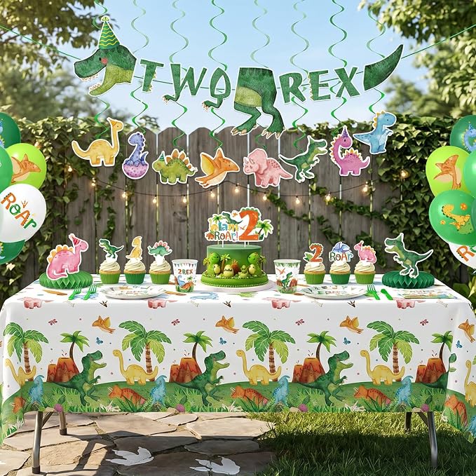 210 Pcs 2nd Dinosaur Birthday Party Decorations Serves 24 ，Two-Rex Theme Dino Roar Party Supplies with Banner Hanging Plates Napkins Cups Forks Knives Tablecloth Topper Balloons for Boy Party