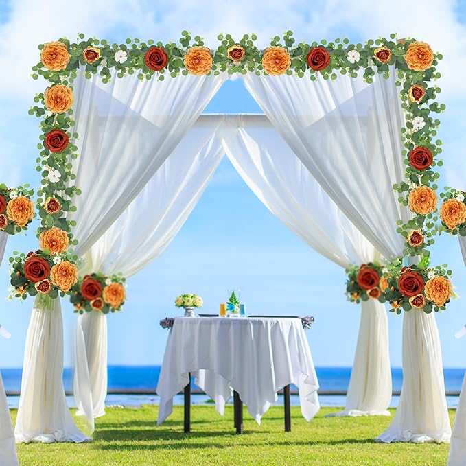 2 Pack 5.9 FT Artificial Flower Garland with Butterflies Fake Rose Garland Faux Greenery Eucalyptus Garlands for Wedding Table Backdrop Arch Centerpieces Decorations - Terracotta & Burnt Orange