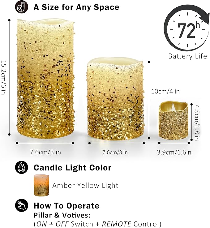 FURORA LIGHTING Gold Glitter LED Candles, 8-Pack Set with Remote & Timer | Includes 4 pillars and 4 votives. Delivers an opulent, dazzling golden glow for grand parties and centerpieces.