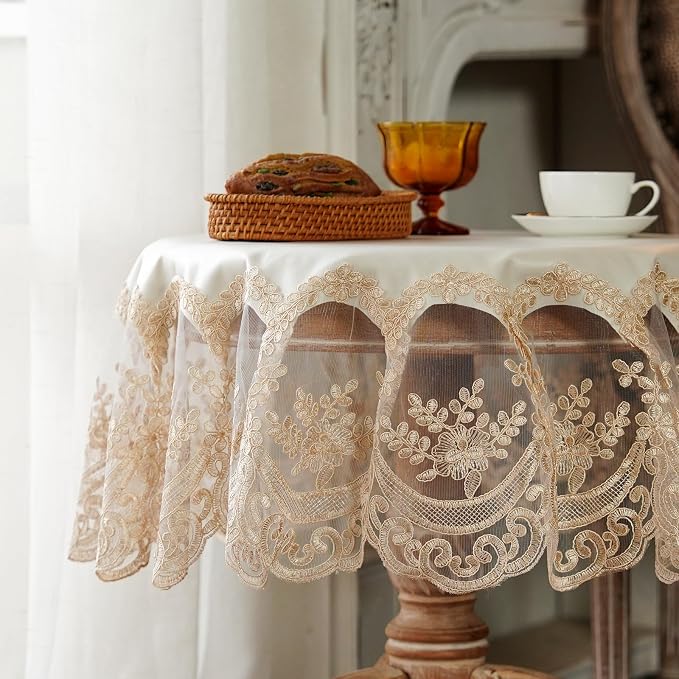 ARTABLE Lace Tablecloth Rectangle Waterproof Table Cover with Exquisite Macrame Border for Wedding Kitchen Holidays Party Decor (Beige, 36 Inch Round)