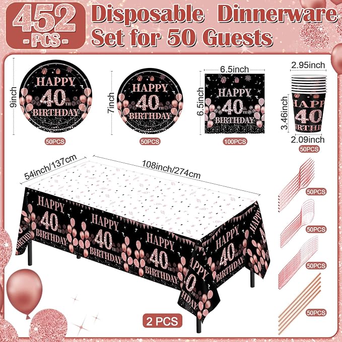 Funnymoom 452 Pcs 40th Birthday Decorations for Women Black and Rose Gold 40th Birthday Paper Plates Cups Napkins Tablecloth Cutlery Straws for Girls Women 40 Year Old Party Supplies for 50 Guests