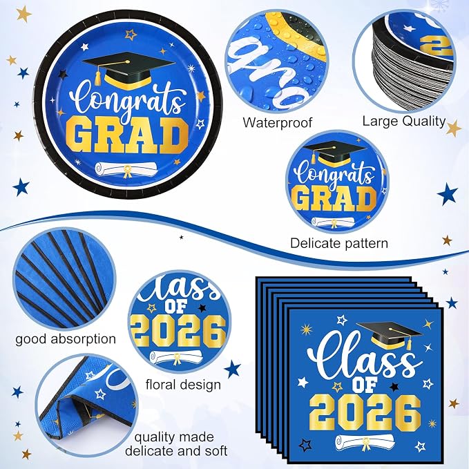 Funnymoom 400 Pcs Graduation Party Supplies Class of 2026 Graduation Paper Plate Napkin Cup Cutlery Congrats Grad Disposable Tableware Set for Grad Party Decorations, Serve 50(Blue, Gold)