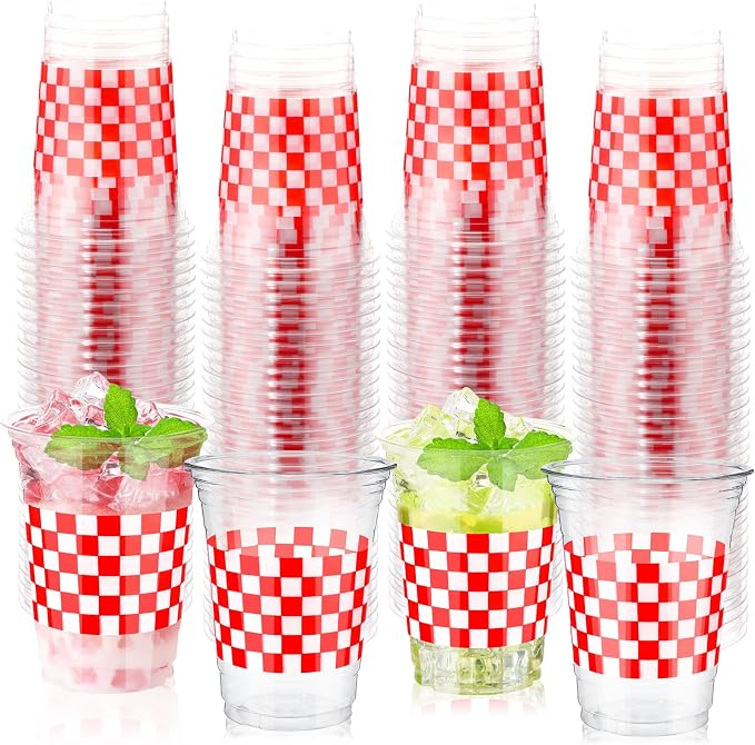 100 Pcs Red and White Checkered Cups 16 oz Disposable Red Gingham Plaid Plastic Cups Bulk for Picnic BBQ Decorations Racing Themed Birthday Party Supplies Carnival