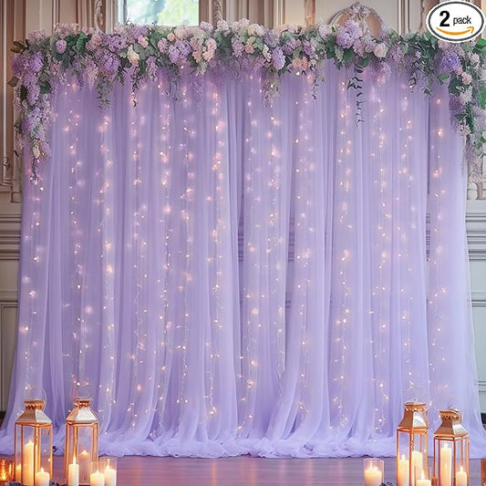10x8ft Purple Tulle Backdrop Curtain with Lights String for Parites, Sheer Photo Backdrop Curtains with Lights for Wedding Backdrop Ceremony Reception Bridal Shower Baby Shower Birthday Party