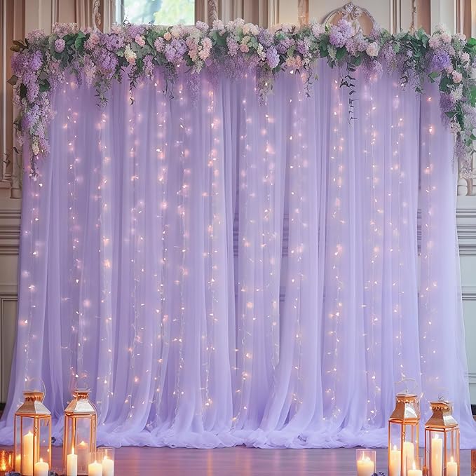 30×10ft Purple Tulle Backdrop Curtain with Lights String for Parties, Sheer Photo Backdrop Curtains for Wedding Party Photography Background