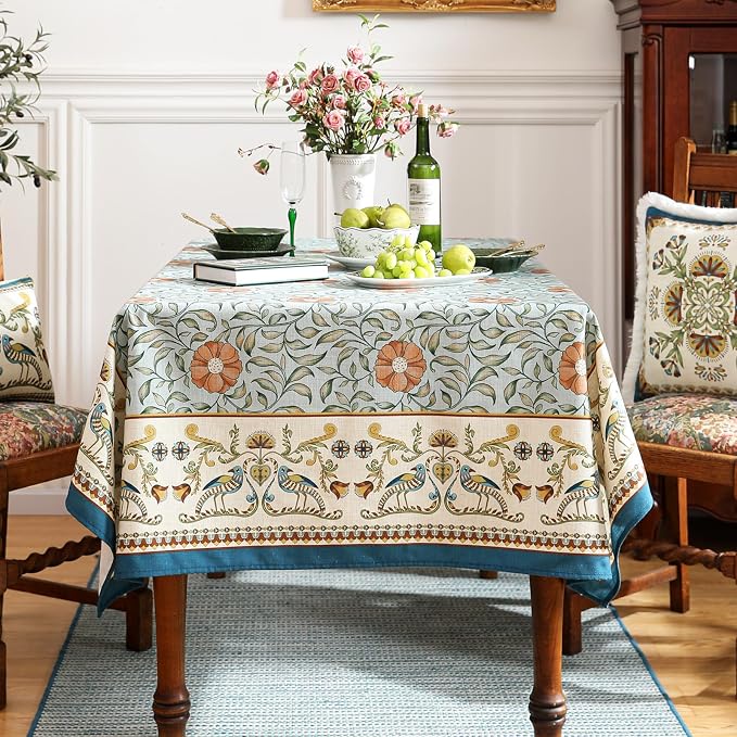 patdrea Vintage French Linen Tablecloth,Rectangular,87"x55"-Wensel | Italian Provencal Table Cloth for Rectangle Table,Colorful Floral Patterned,Dining Room Tea Party Thanksgiving Decor