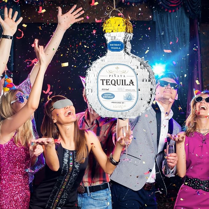 WERNNSAI Tequila Bottle Piñata - Disco Party Decorations for Adults Silver Patron Tequila Piñata with Blindfold for Bachelor Birthday Party Supplies 11.7” x 16.5”