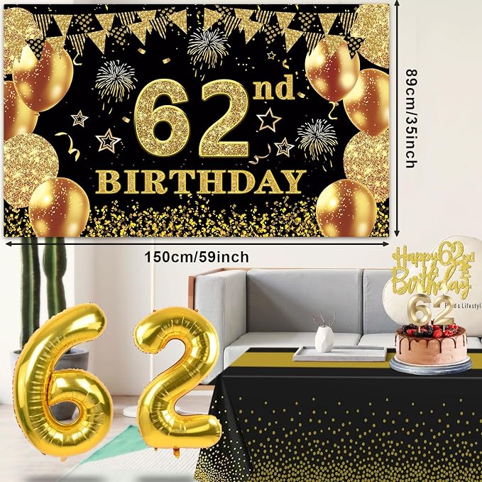 62nd Birthday Decorations Men Women with 62nd Birthday Banner, Black and Gold Table Cloth, Number Balloons, Large Sash, Cake Topper and Candles
