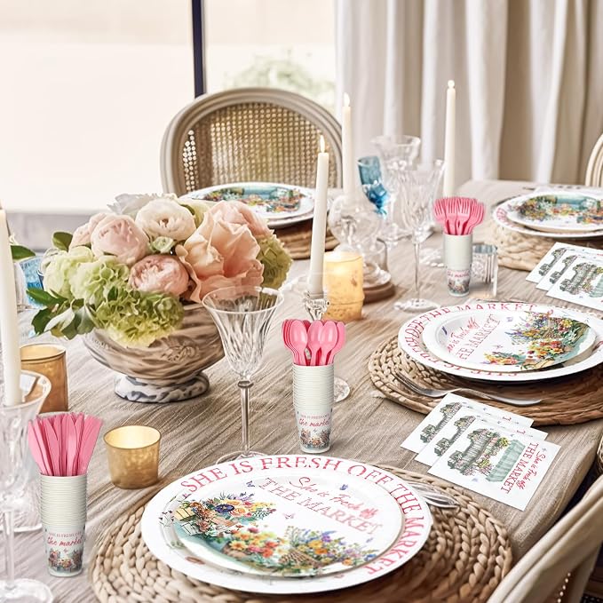 Yungyan 252 Pcs She Is Fresh off the Market Bridal Shower Party Tableware Set Included Plates Napkins Cups Forks Knives Cutlery for Party Decorations Supplies 36 guests
