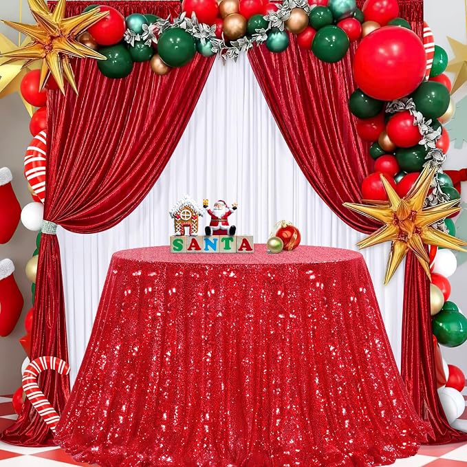 B-COOL Sequin Tablecloth Round Party Decorations: Red Table Cloth Overlay 132 Inch Large Sparkle Fabric for Christmas Birthday Beach Parties