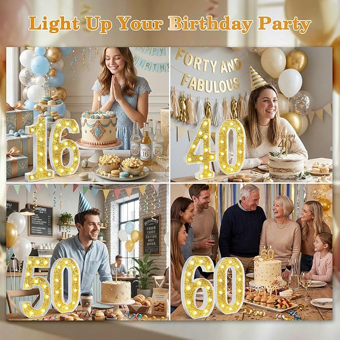 12.6 Inch LED Gold Marquee Light Up Numbers, 4th Birthday Decorations Number Lights as Gifts for Girls Boys, Glitter Lighted Marquee Numbers for Golden Anniversary Party Table Decor, 4