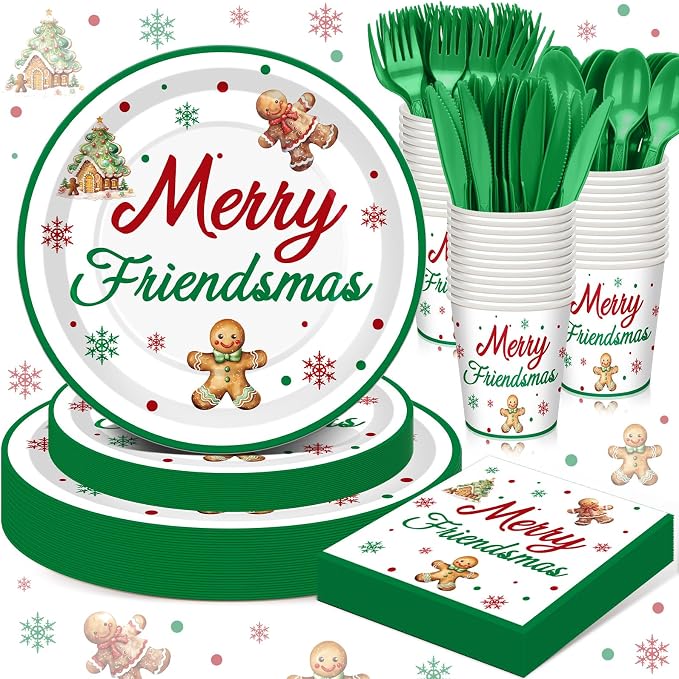 168 Pcs Merry Friendsmas Christmas Party Supplies Gingerbread Party Decorations Merry Friend Christmas Tableware Set Disposable Paper Plates Cup Utensils Serve 24 for Winter Holiday Parties