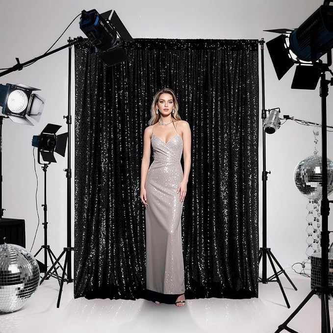 PartyDelight Black Sequin Backdrop Curtains 2x8ft 4 Panels | 3mm stitched sequin curtain with 4 inch rod pocket for 2x8ft 4 panel fuller wall coverage pleated backdrop and 8ft stand