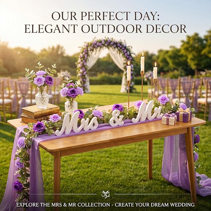 Canlierr 2pcs Large White Mr & Mrs Sign for Wedding Table with 5.91ft Artificial Flowers Garland, Wedding Centerpieces Wooden Bride and Groom Table Decorations for Engagement Decor (Purple)