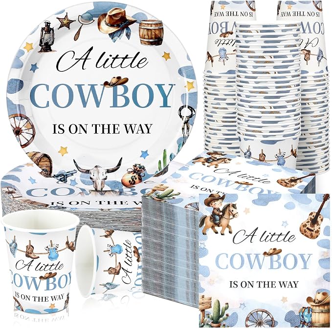 Hushee 200 Pcs a Little Cowboy Is on The Way Baby Shower Paper Plates Napkins Cups Baby Shower Party Supplies Tableware Set Cowboy Disposable Cup Napkin for 50 Guest Boy Girl Spring Decoration