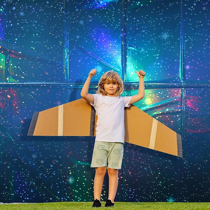 100Feet X 54 Inch Roll Iridescent Space Tablecloths Disposable Plastic Blue Galaxy Table Cloth Rectangle Roll Table Covers for Space Starry Night Star Theme Party Birthday Party Decorations