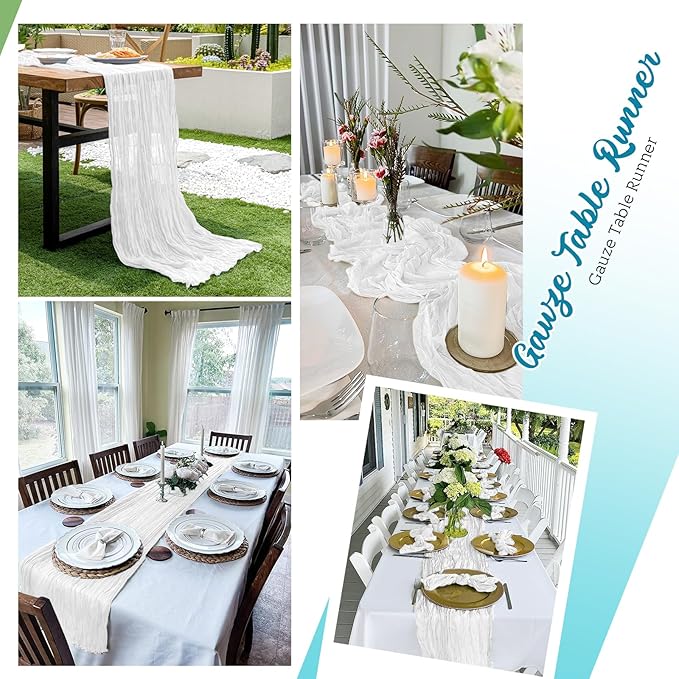 16 Pack White Cheesecloth Table Runners 20x120 Inch Gauze Table Runner Cheese Cloth 10FT White Table Runner Rustic Sheer Runner for Wedding Birthday Party Baby Shower Table Decor