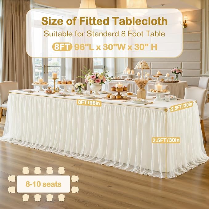 2 Pack Ivory Tablecloths for 8 Foot Rectangle Tables with Tulle Table Skirt Wedding Table Cover Stretchy Fitted Ruffle Tutu Tablecloth for Baby Shower Reception Birthday Parties Celebration Banquet