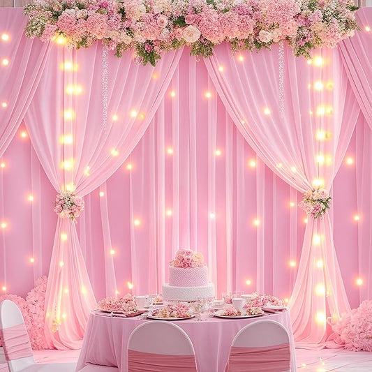 20 x 10ft Pink Backdrop Curtains with Lights String for Valentine’s Day Photo Backdrop Drapes Wrinkle Free Polyester Curtain Backdrop for Girls Birthday Party Wedding Reception Baby Shower-5 x 10ft 4P