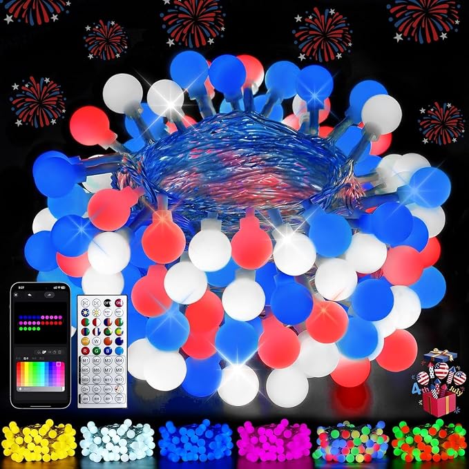 2026 78ft Smart Color Changing Red White and Blue String Lights Outdoor Indoor | 200LED 4th of July Decorations App Control with Remote, Globe Patriotic Light Plug in for Independence Day Memorial Day