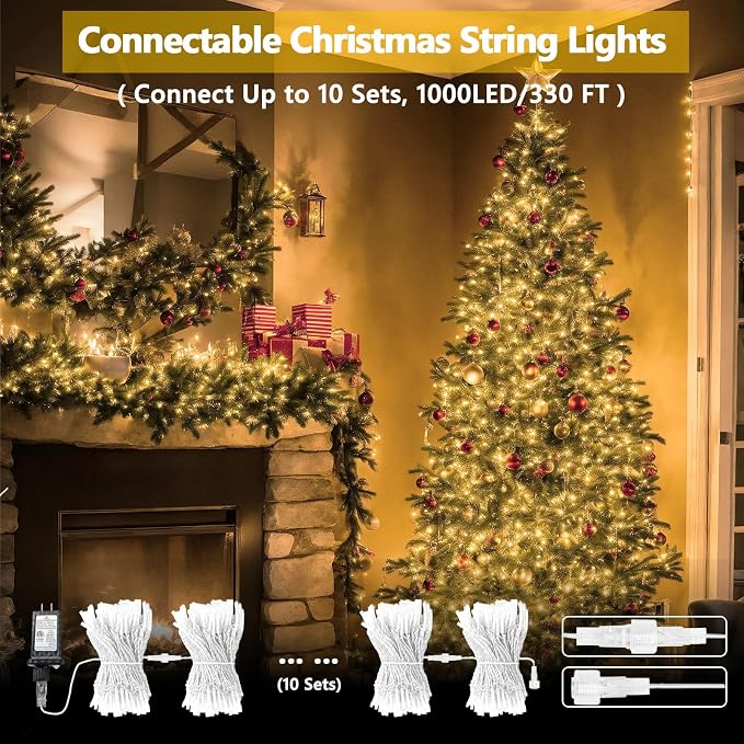 2 Pack 100 LED Connectable String Lights Indoor Outdoor, 33FT Clear Wire Christmas Lights for Bedroom, 13 Modes Twinkle Fairy String Light for Xmas Tree Wedding Party Bedroom Garden Decor (Warm White)