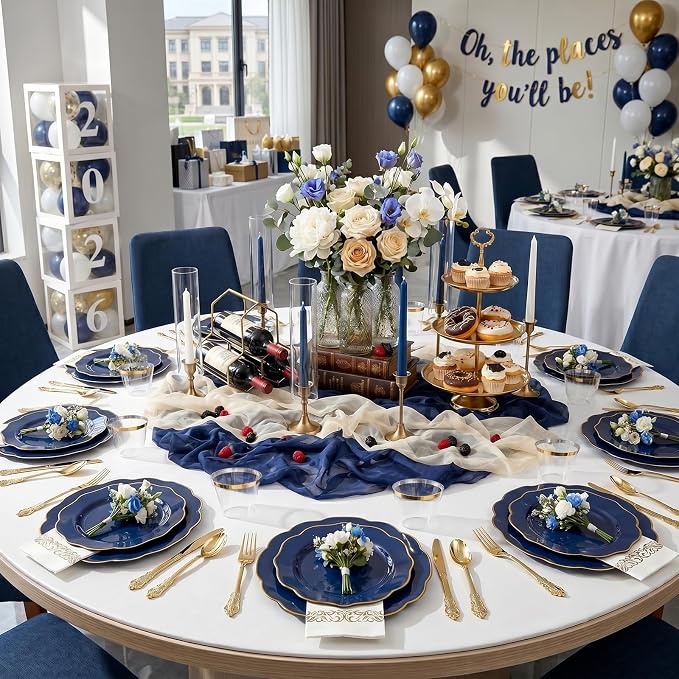 NOCCUR 175PCS Blue Plastic Plates with Disposable Silverware - Include 50 Blue Disposable Plates with Gold Rim,75 Gold Cutlery,25 Cups,25Napkins for Party/Wedding/Graduation/Independence Day